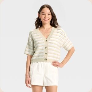 Universal Thread Cream Striped Short Sleeve Button-Front Cardigan